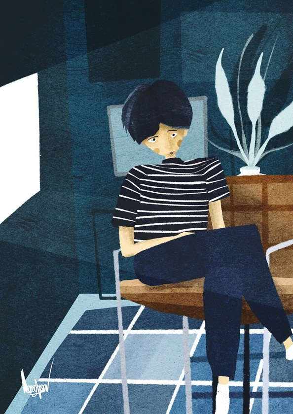 An illustration of a character seated in a blue room.