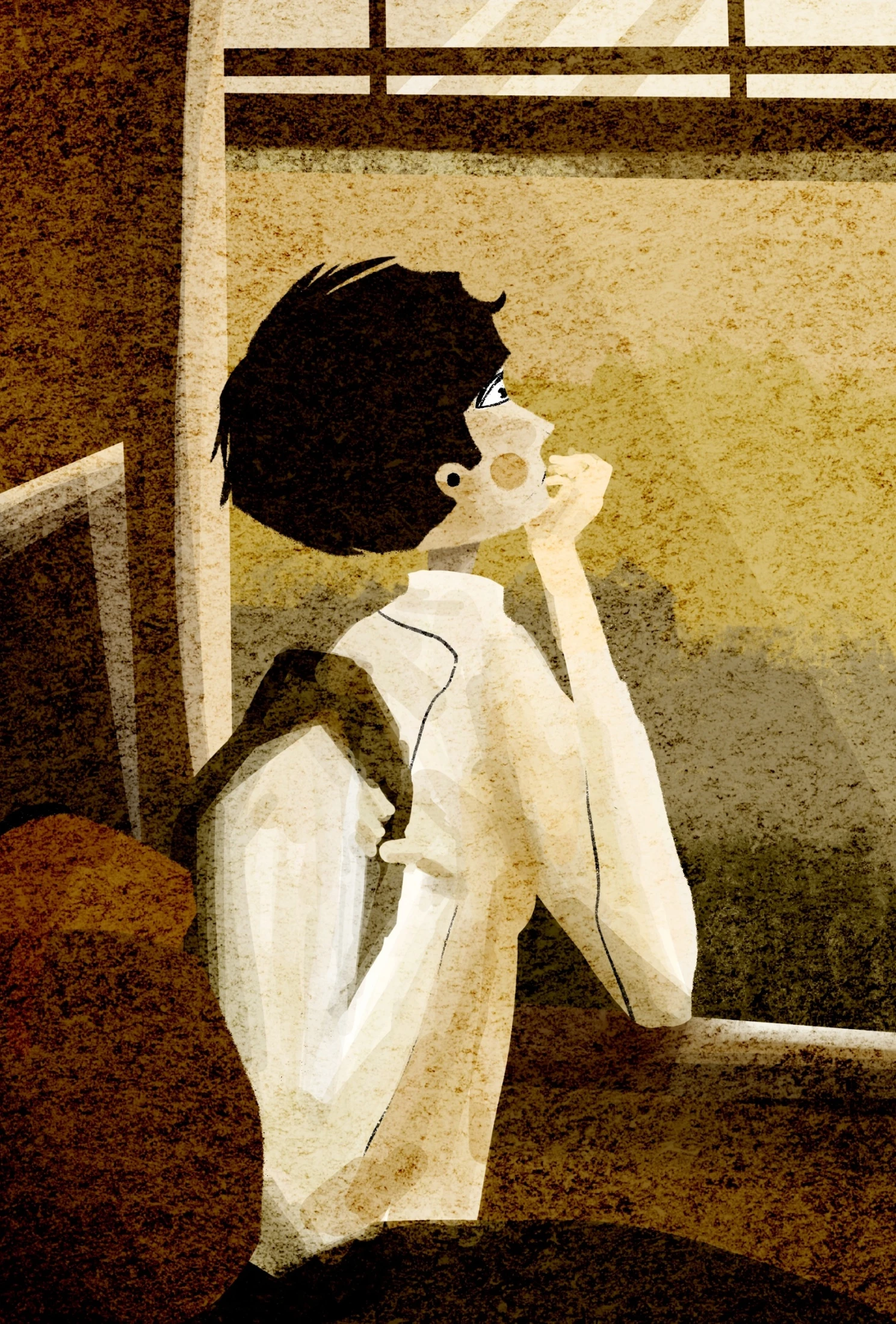 An illustration of a character beside a golden-brown window.