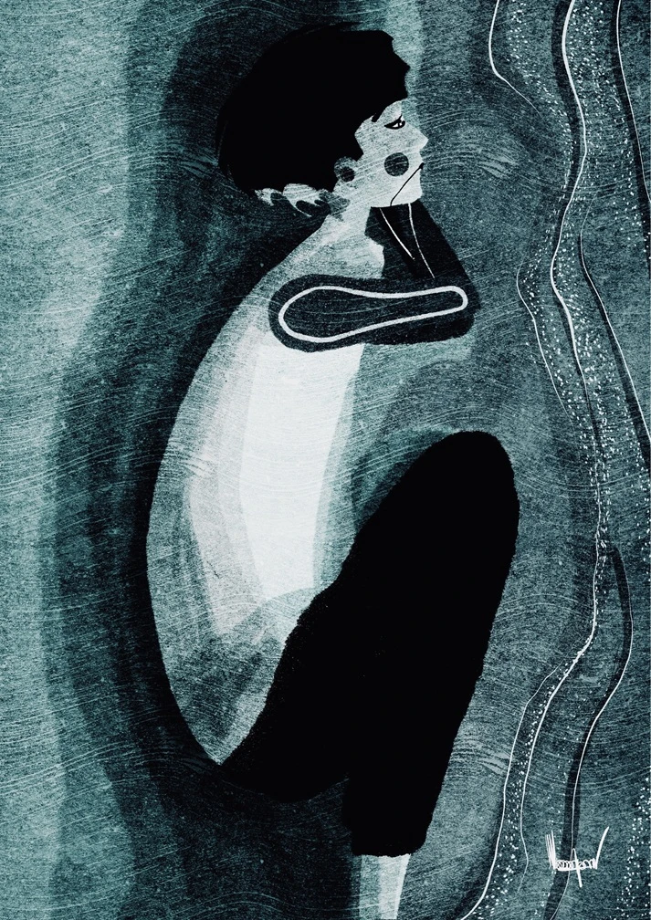 An illustration of a character amid curved blue-grey lines.