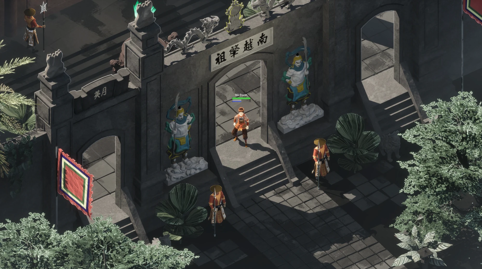 Võ prototype: a character among a gateway, relief sculptures and greenery.