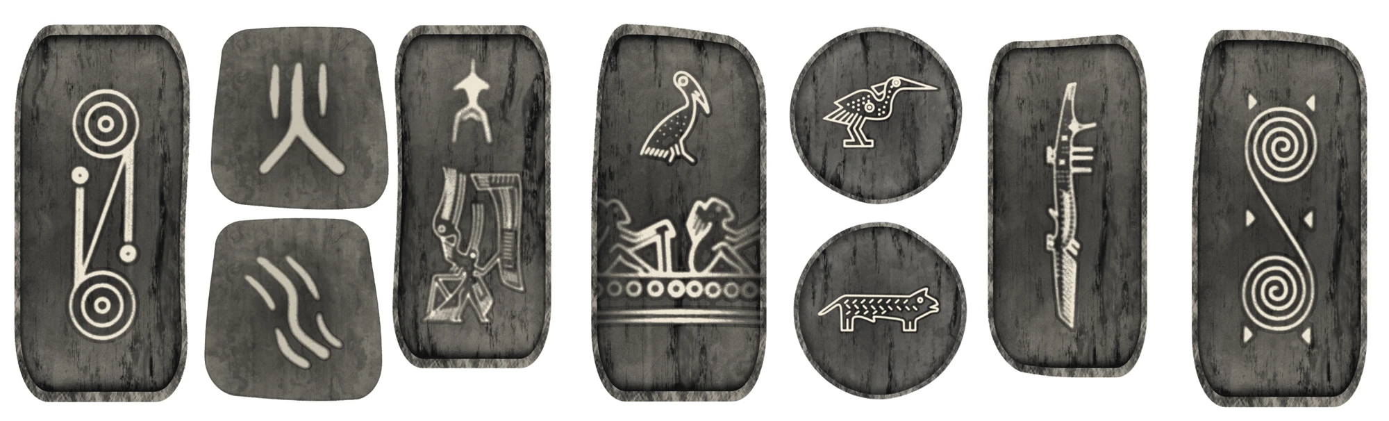 Glyph and talisman studies for Võ: stylized engravings on stone fragments.