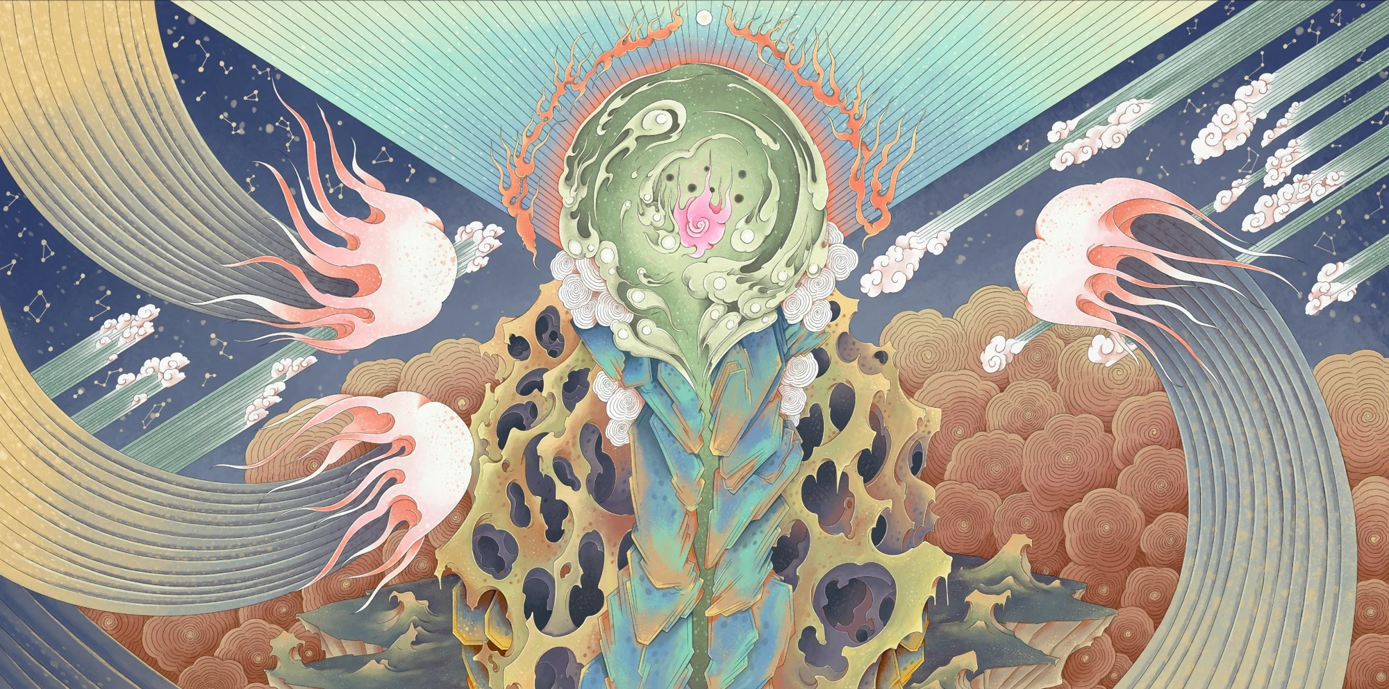 Multicoloured streams of spiritual energy in the Khởi Kỷ story art for Võ.