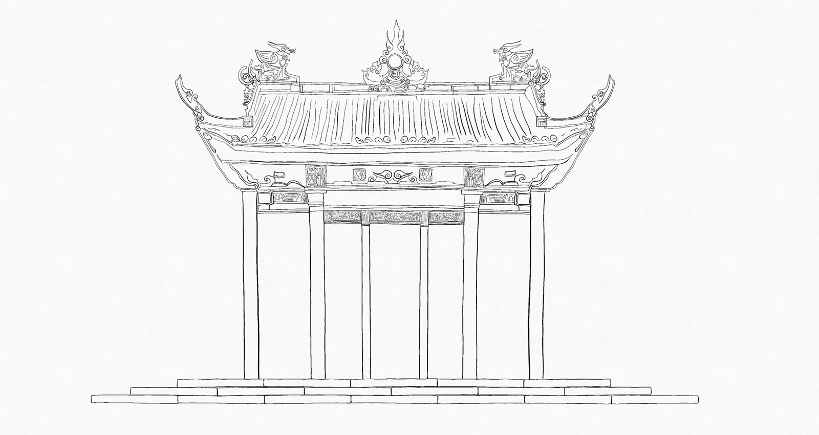 A line drawing of a gateway with a curved roof, columns and decorative patterns.