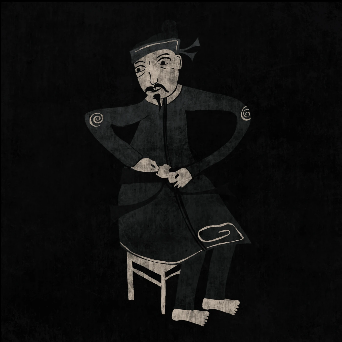 A character wearing a headscarf, seated on a chair with hands held in front against a dark background.