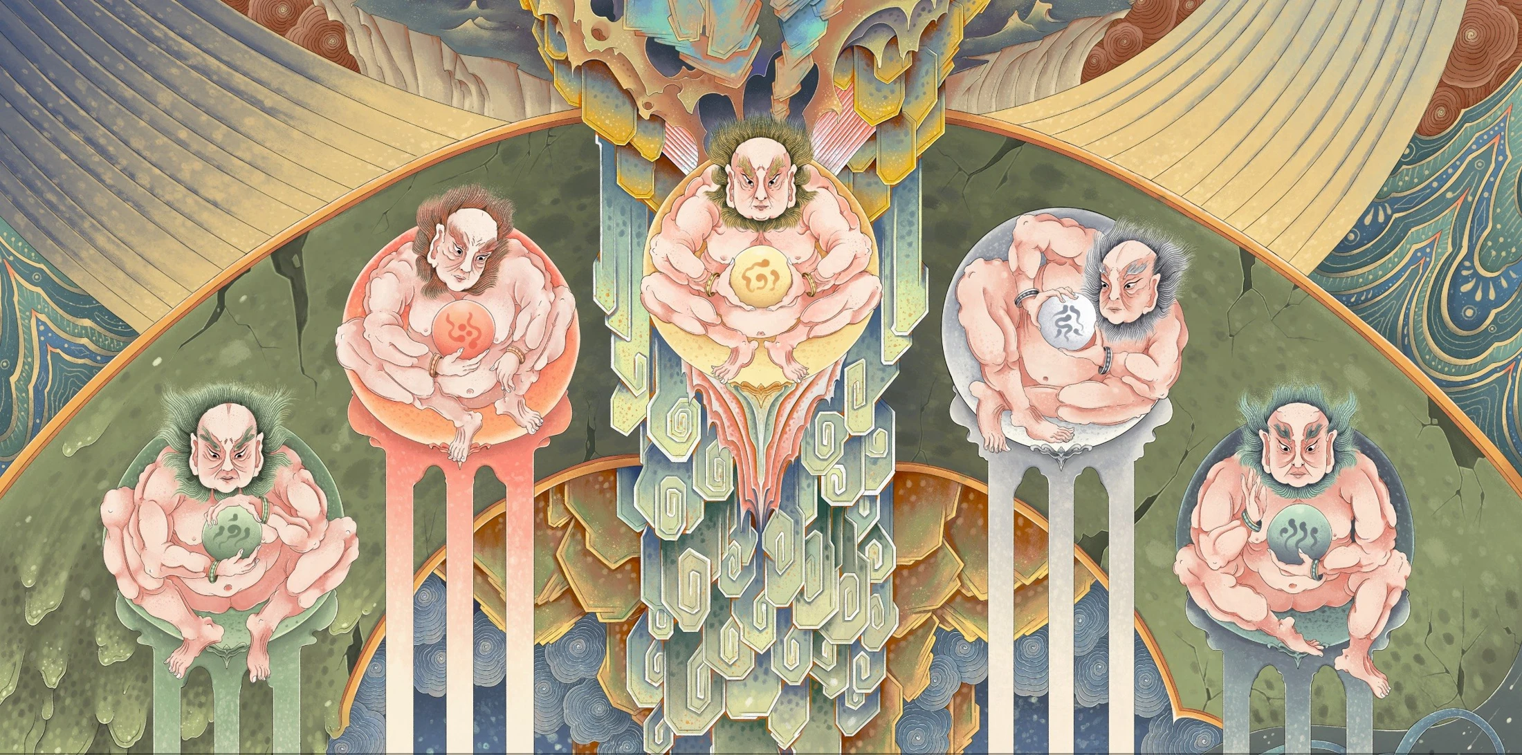 A composition of five figures holding colored spheres among flowing ornamental bands.