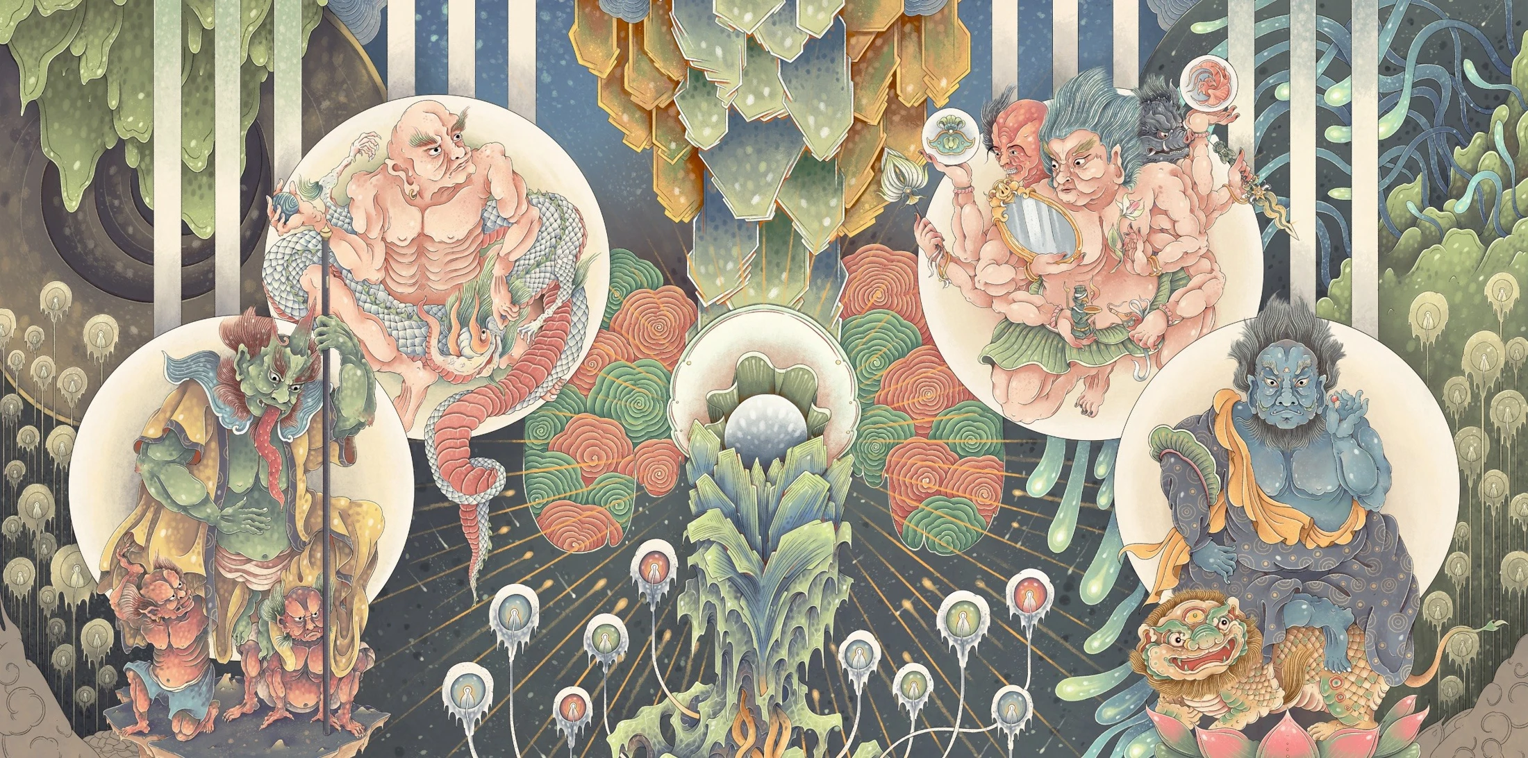 Stylized forms within circles surround a central shape and bands of color.